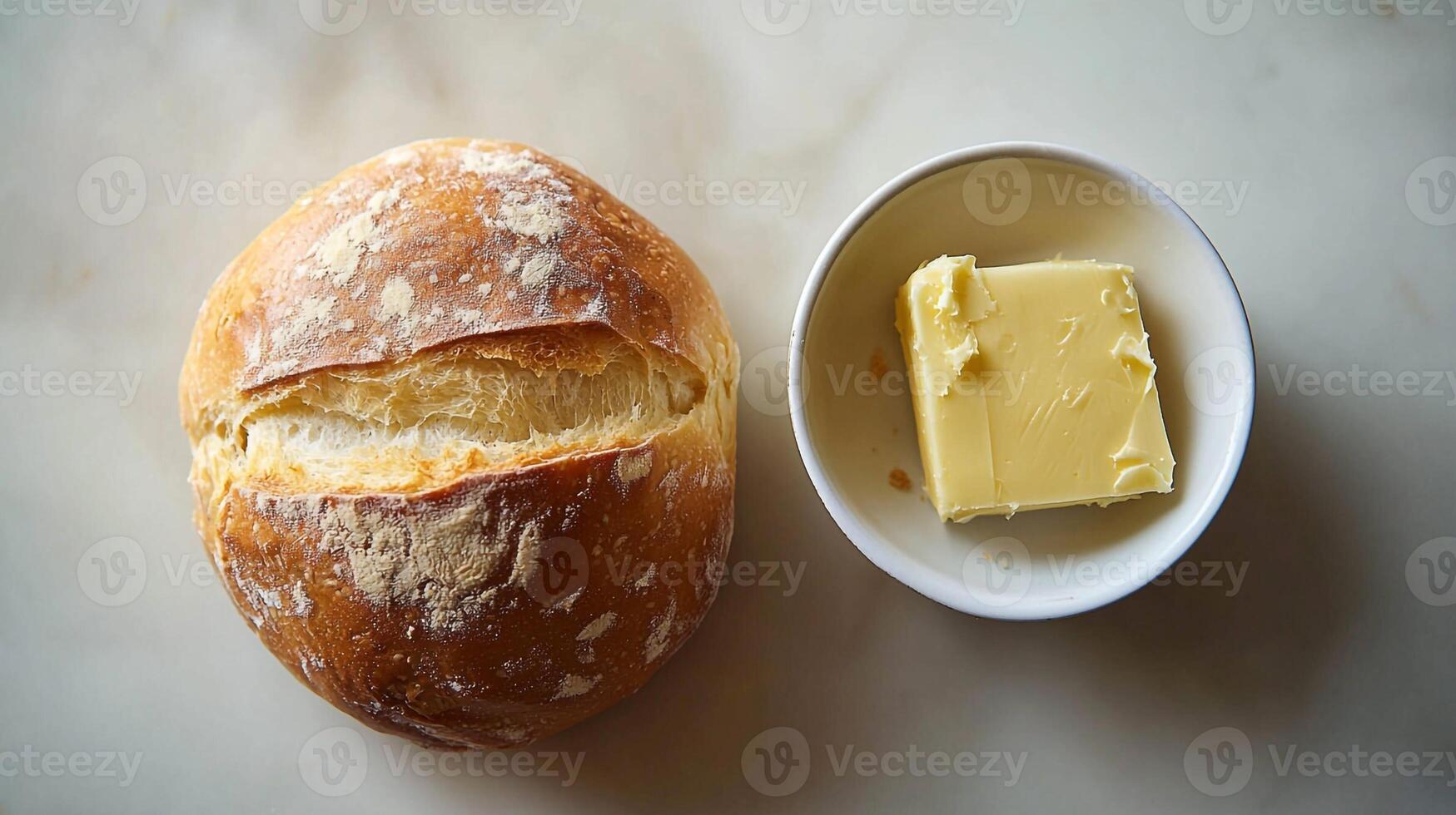 A loaf of bread and a butter in a bowl photo
