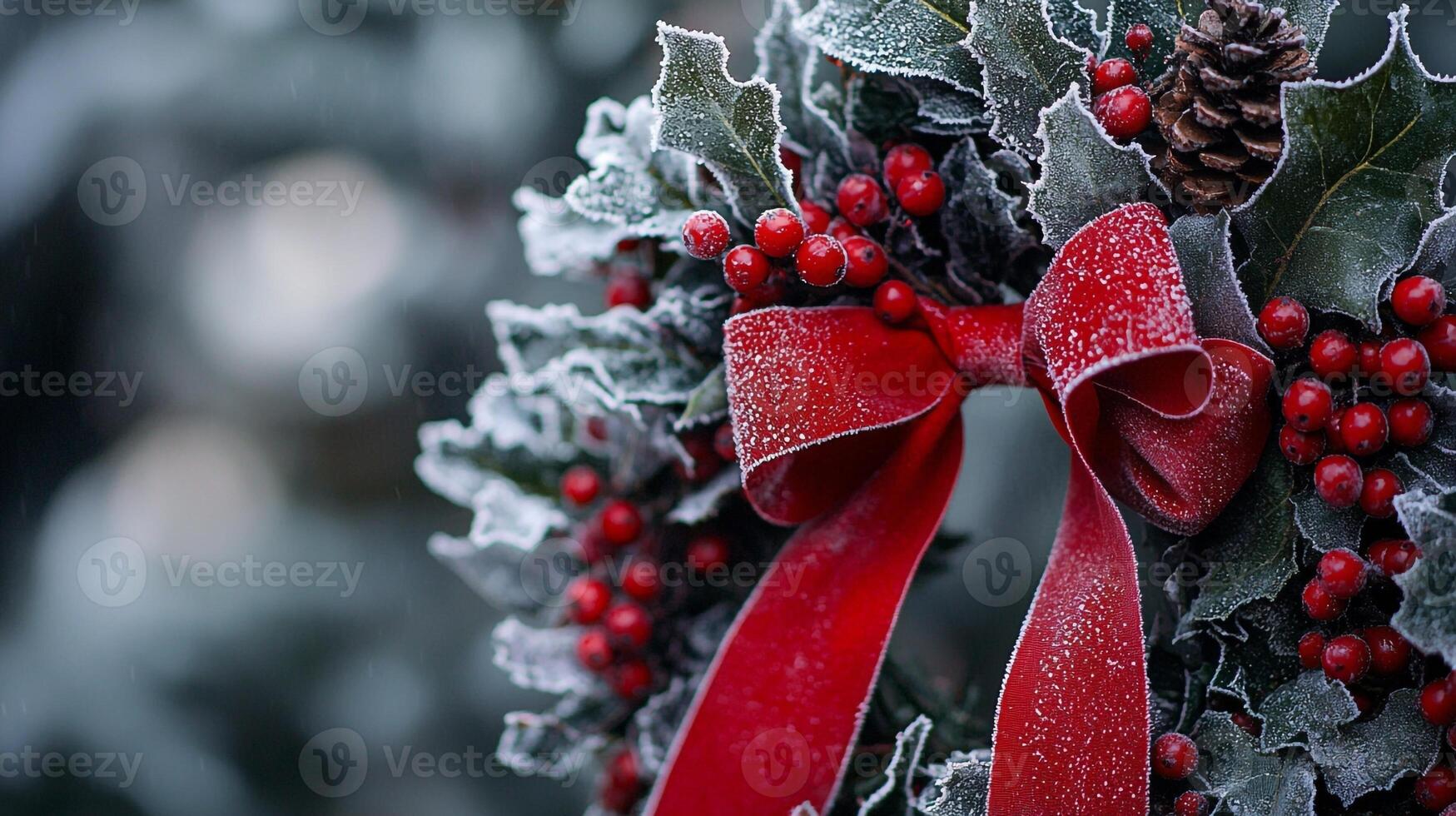 A red ribbon is wrapped around a holly wreath photo