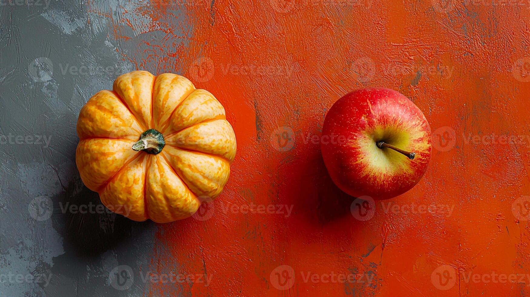 A pumpkin and an apple on a wall photo