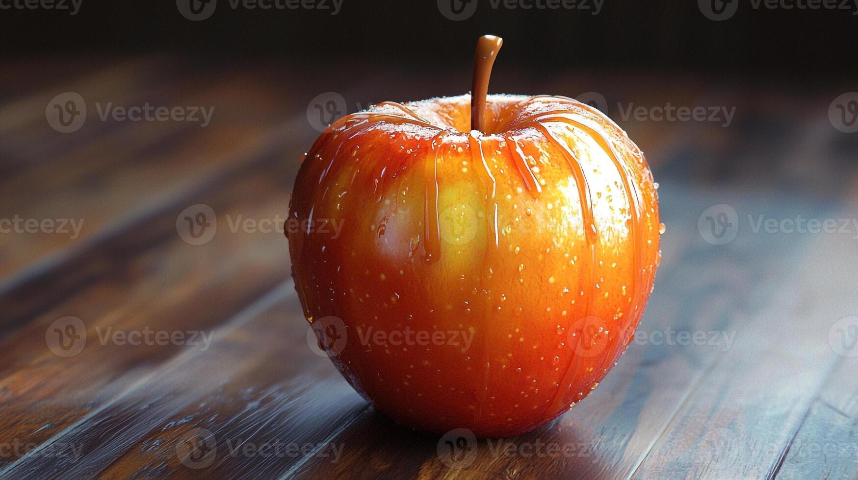 A close up of an apple with a stick photo