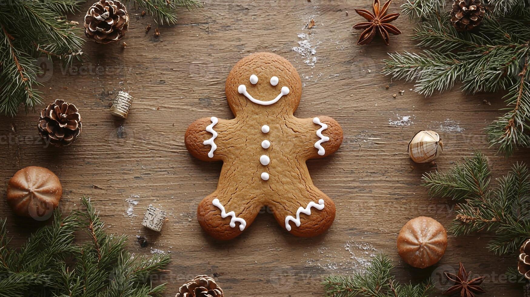 A gingerbread man is surrounded by christmas decorations photo