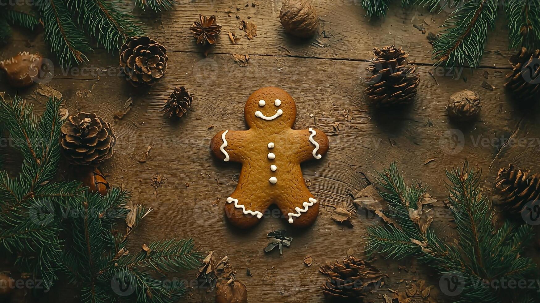 Gingerbread man on a wooden table with pine cones and evergreen branches photo