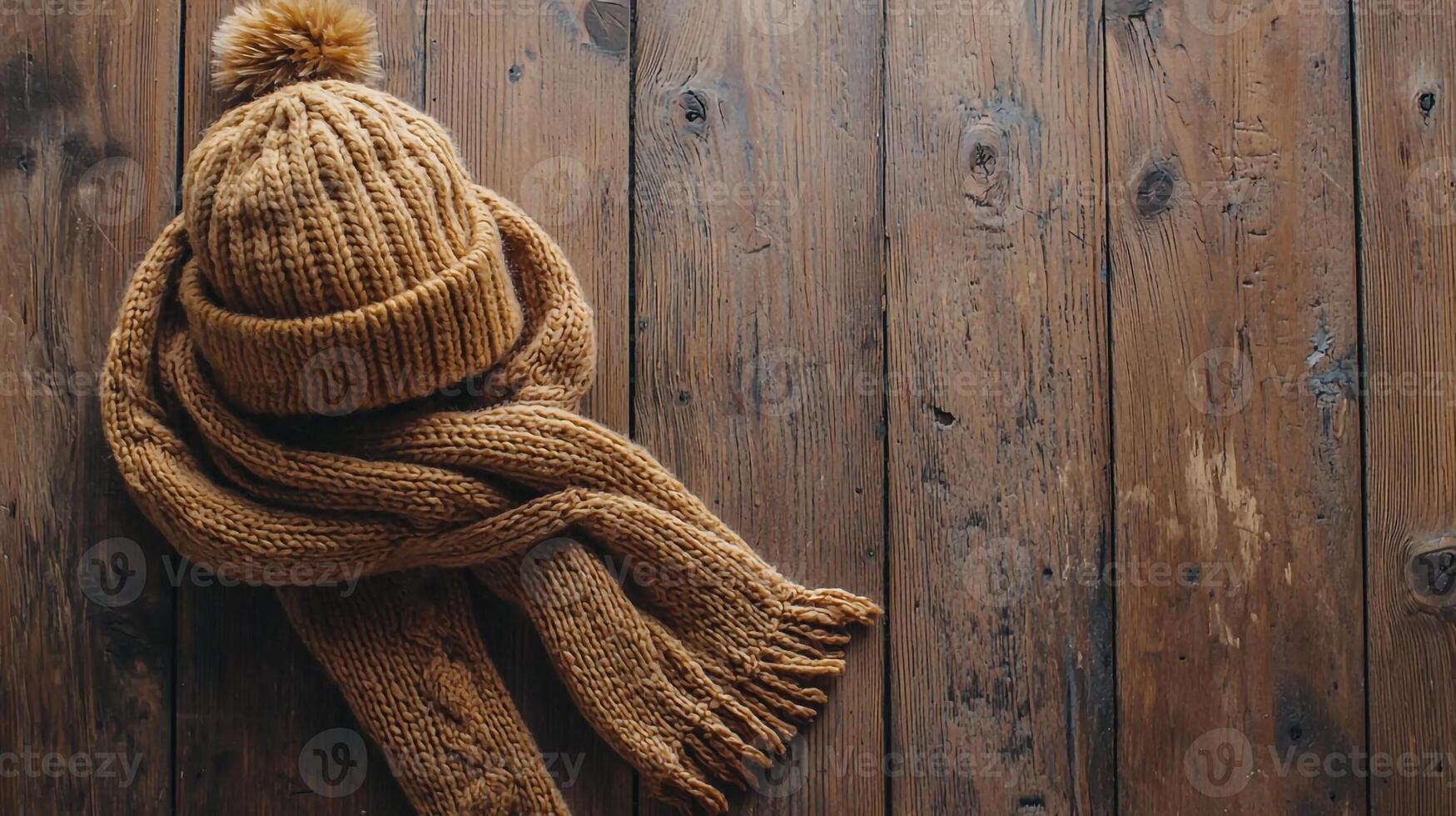 A brown hat and scarf on a wooden floor photo