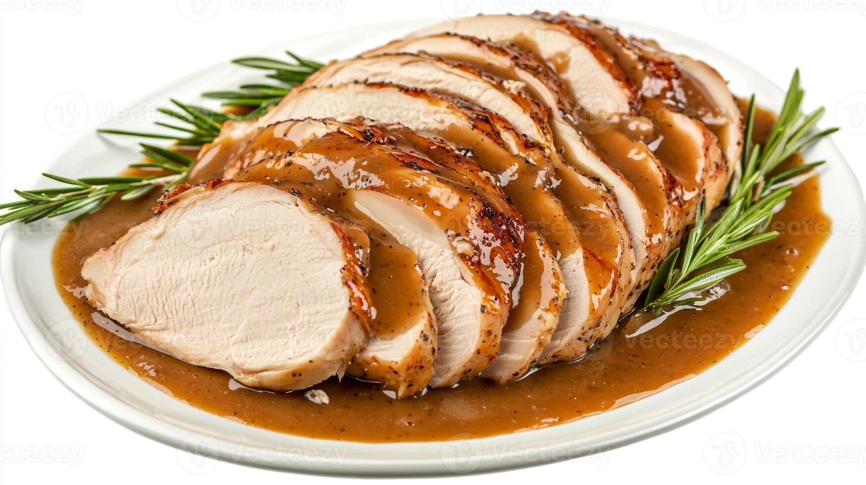 A plate of sliced turkey with gravy and rosemary photo