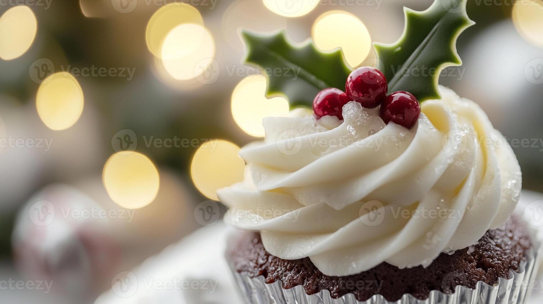 A cupcake with frosting and a holly leaf on top photo