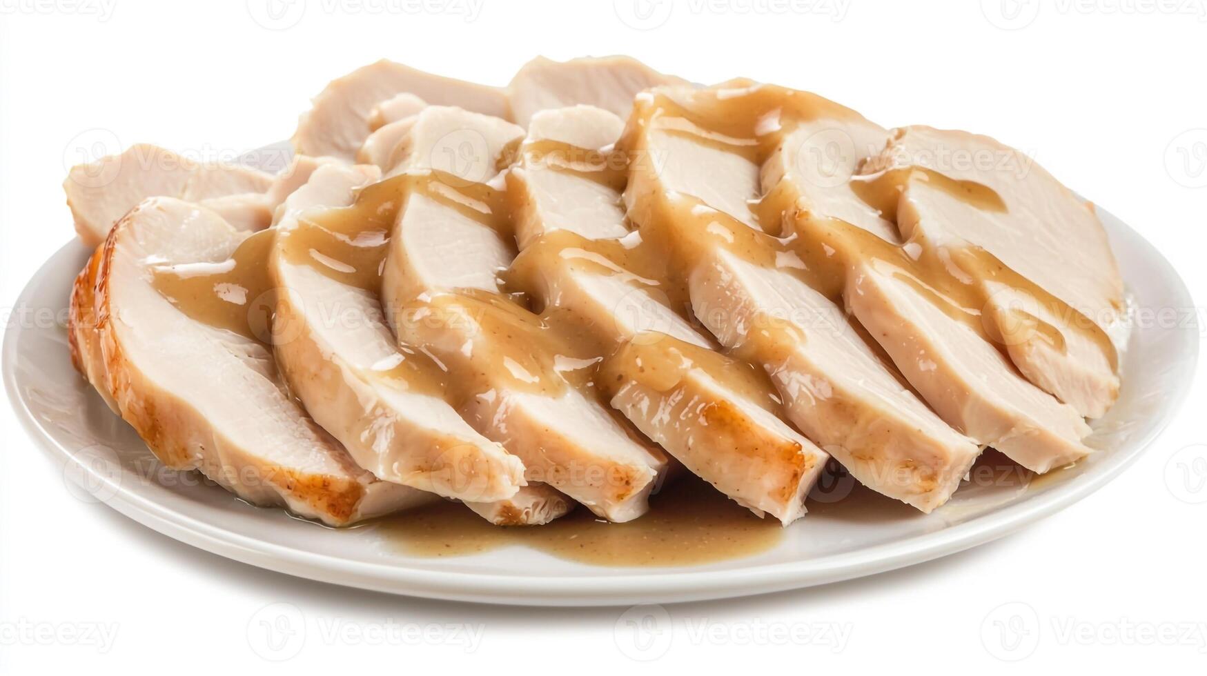 A plate of sliced turkey with gravy on it photo