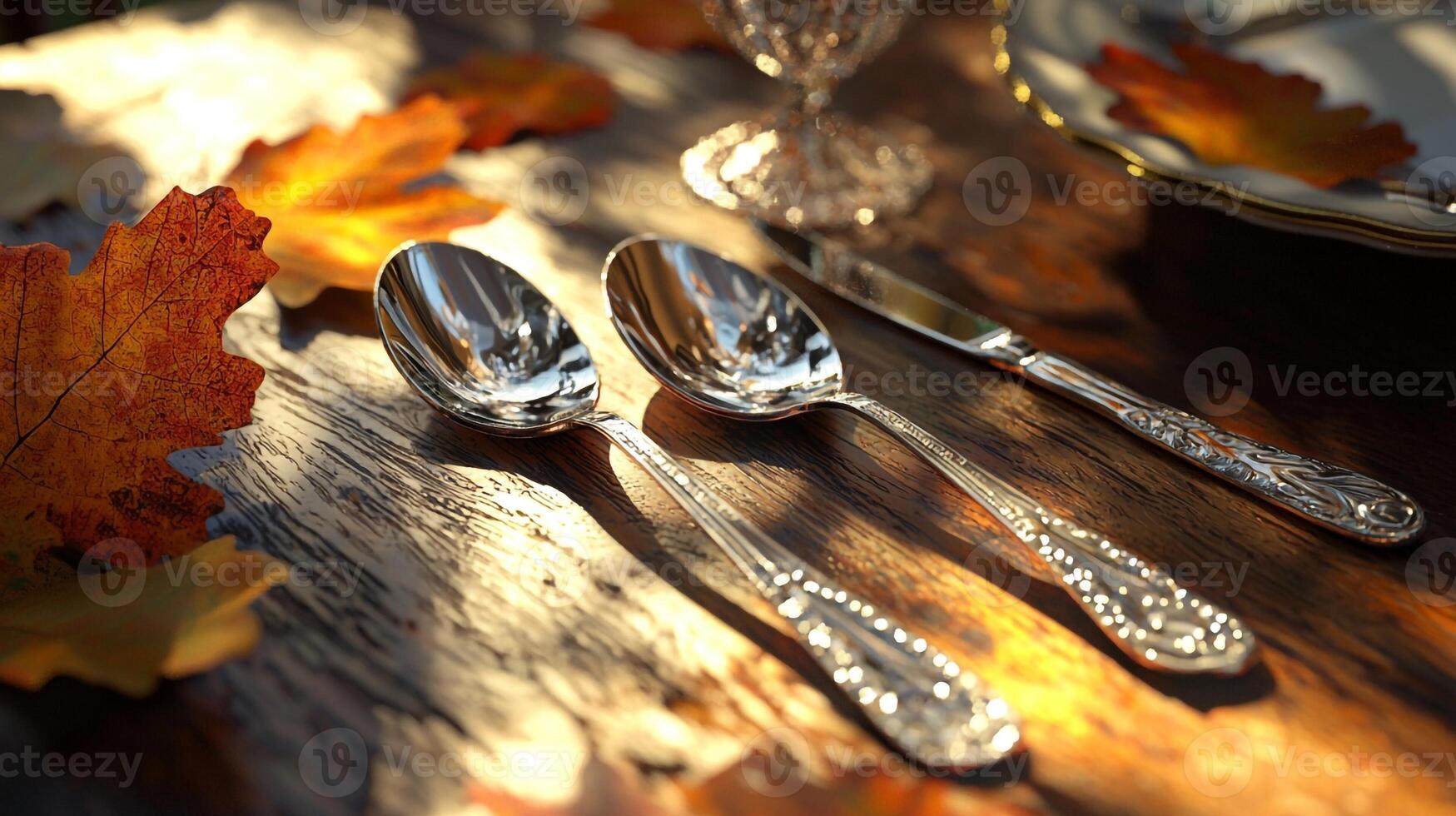A table with silver spoons and a plate with a knife and fork photo