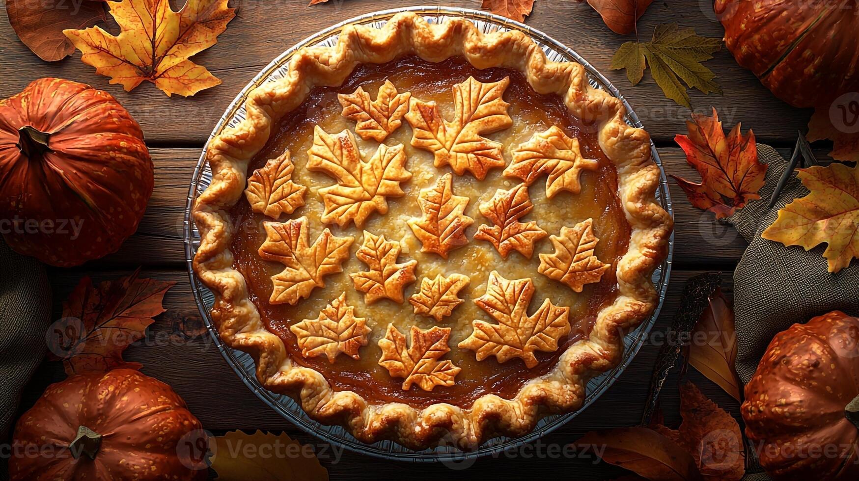 A pie with leaves on top surrounded by pumpkins photo