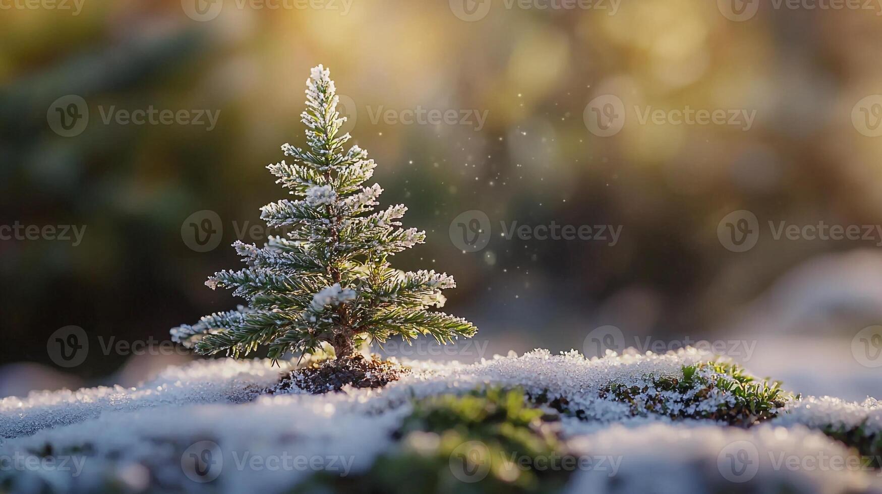 A small tree is standing on top of a snowy ground photo