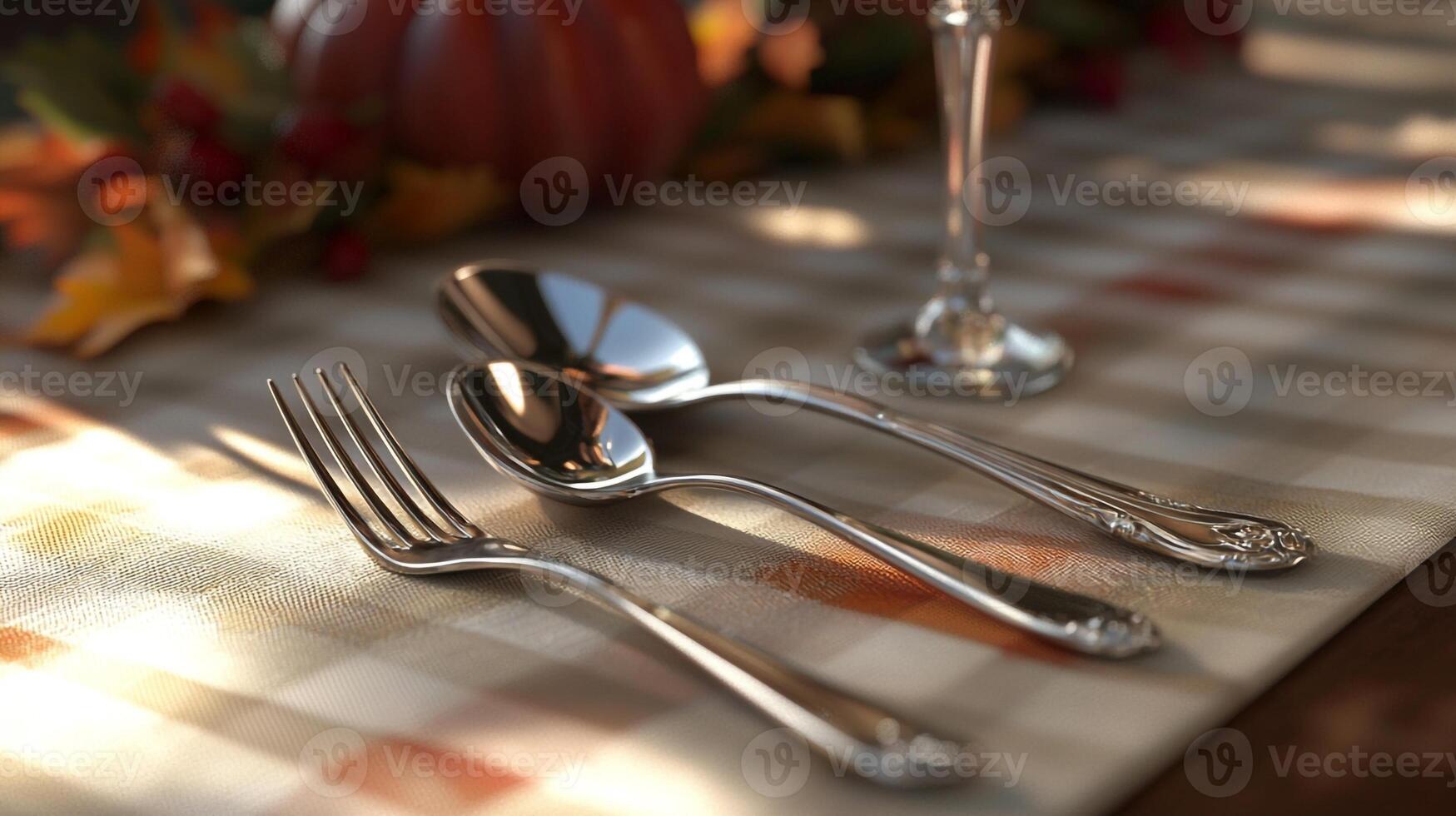 A table setting with silverware and a glass of wine photo