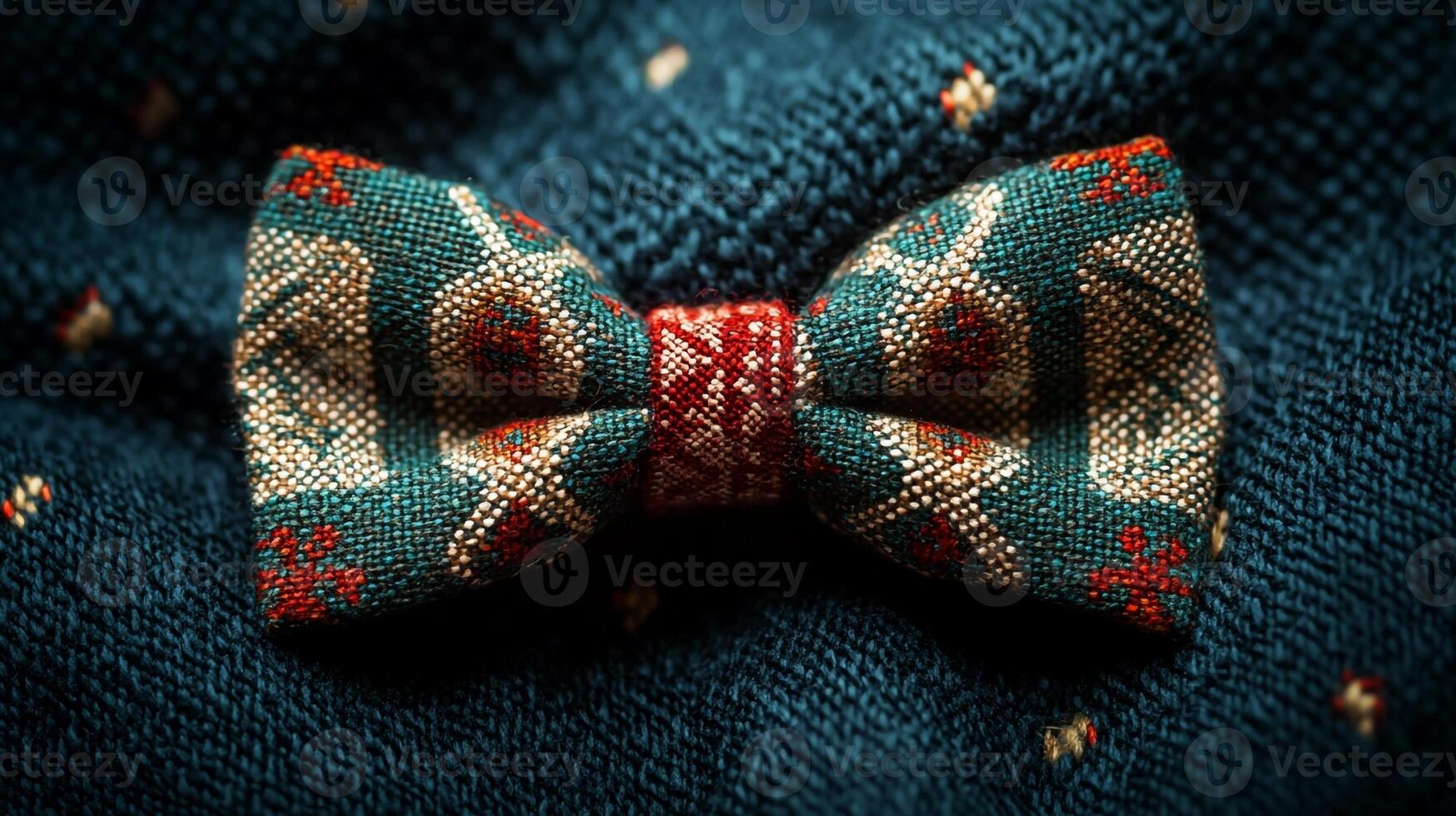 A bow tie on a blue sweater with red and green patterns photo