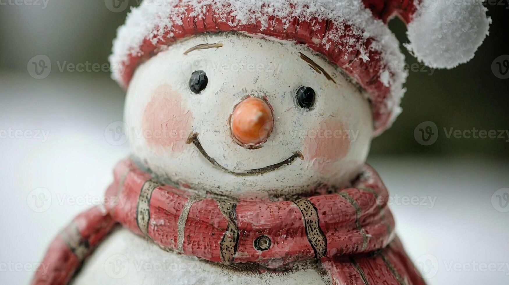 A snowman with a red hat and scarf photo