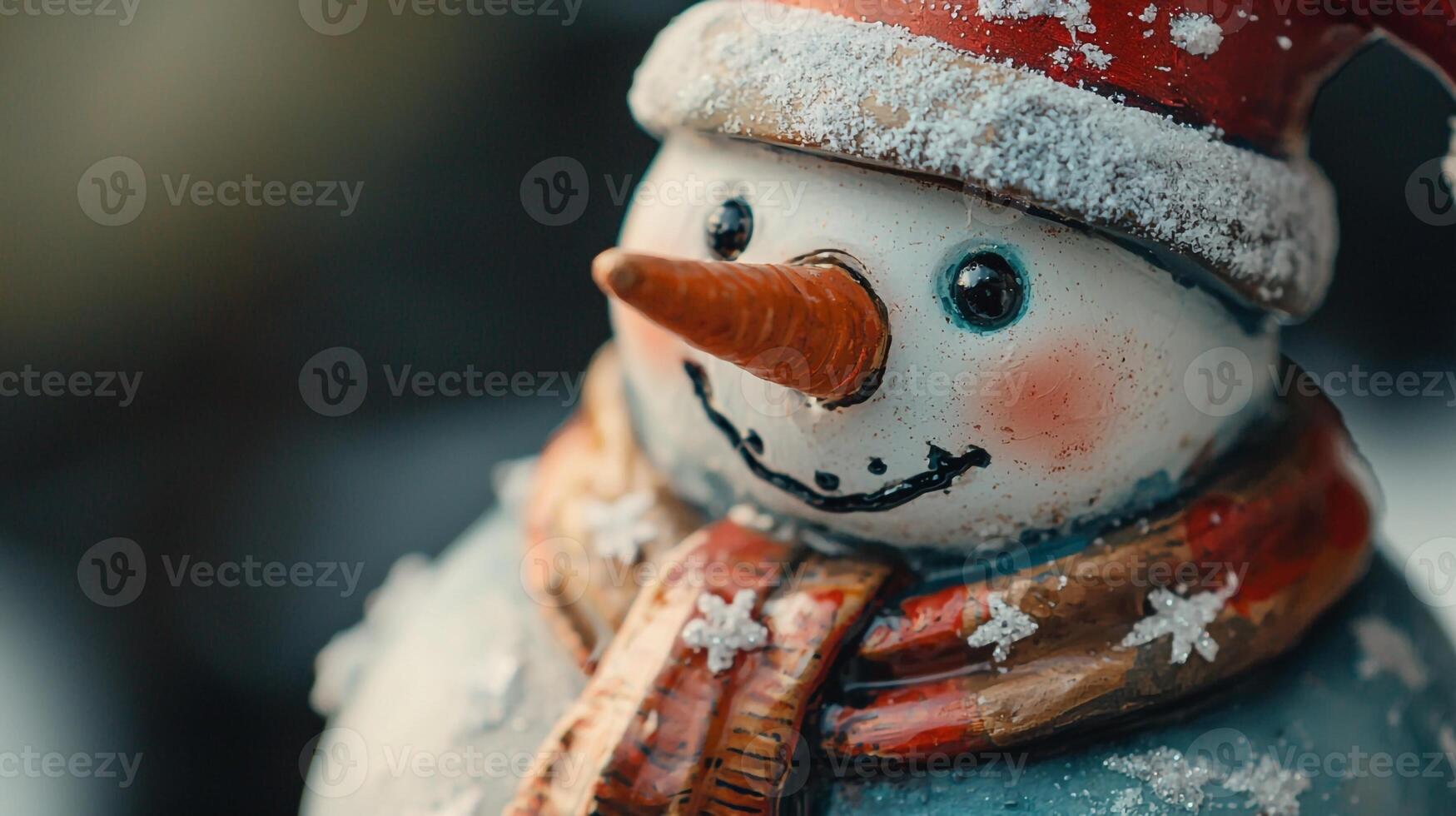 A snowman figurine with a red hat and scarf photo