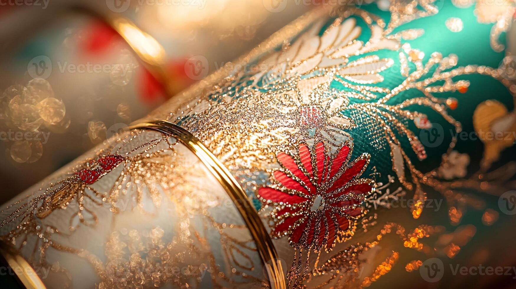 Close up of a colorful vase with gold and red flowers photo