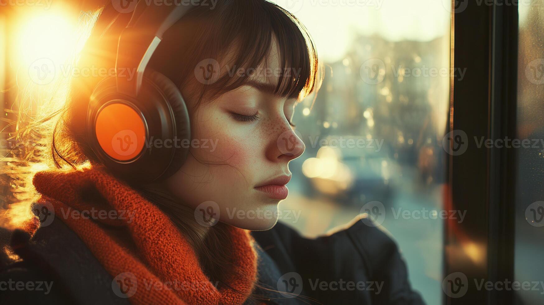 Person in headphones listening to language podcasts while commuting photo