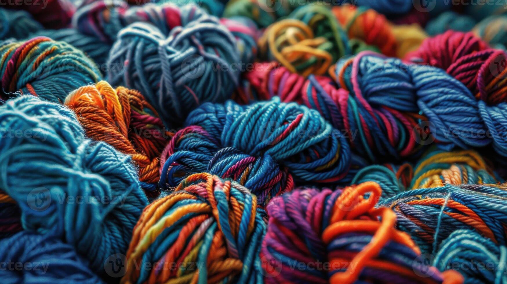 A vibrant assortment of colorful yarn balls is stacked neatly atop one another photo