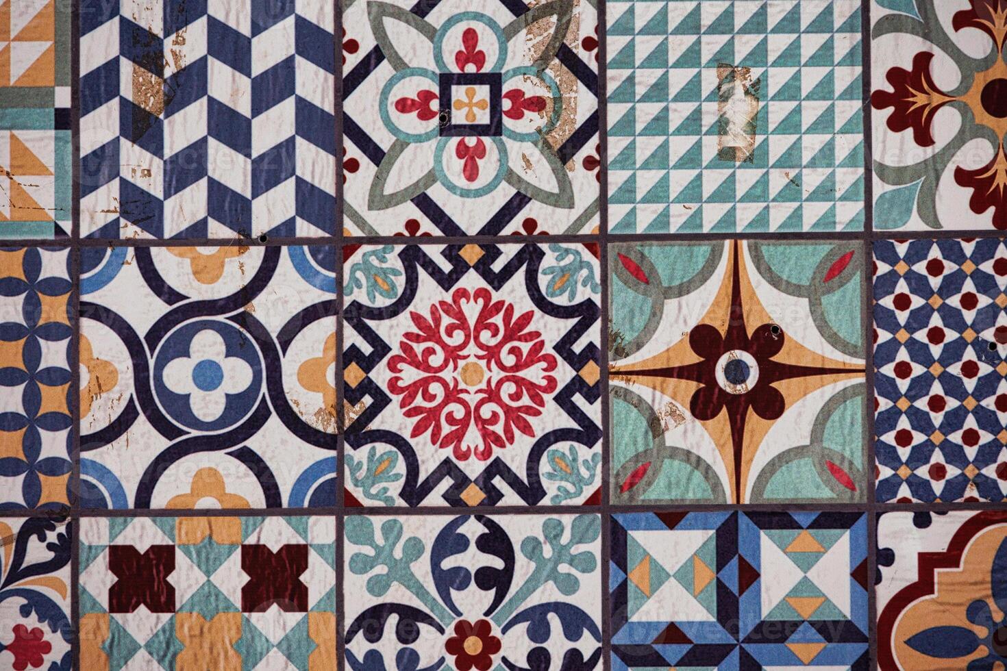 ceramic of decorative ceramic tiles displays an array of intricate patterns and vibrant colors, including blues, reds, and greens photo