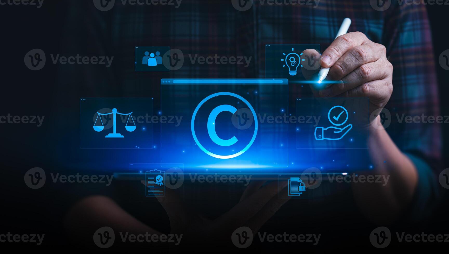 Digital Copyright and Intellectual Property Protection Interface Featuring Legal Compliance Icons, Symbolizing Content Security, Authorization, and Rights Management photo