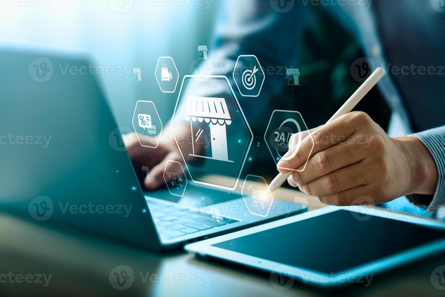 Ecommerce enables buying and selling goods and services conveniently online through websites or platforms, available 24-7. Business and trading around the world, online shopping photo