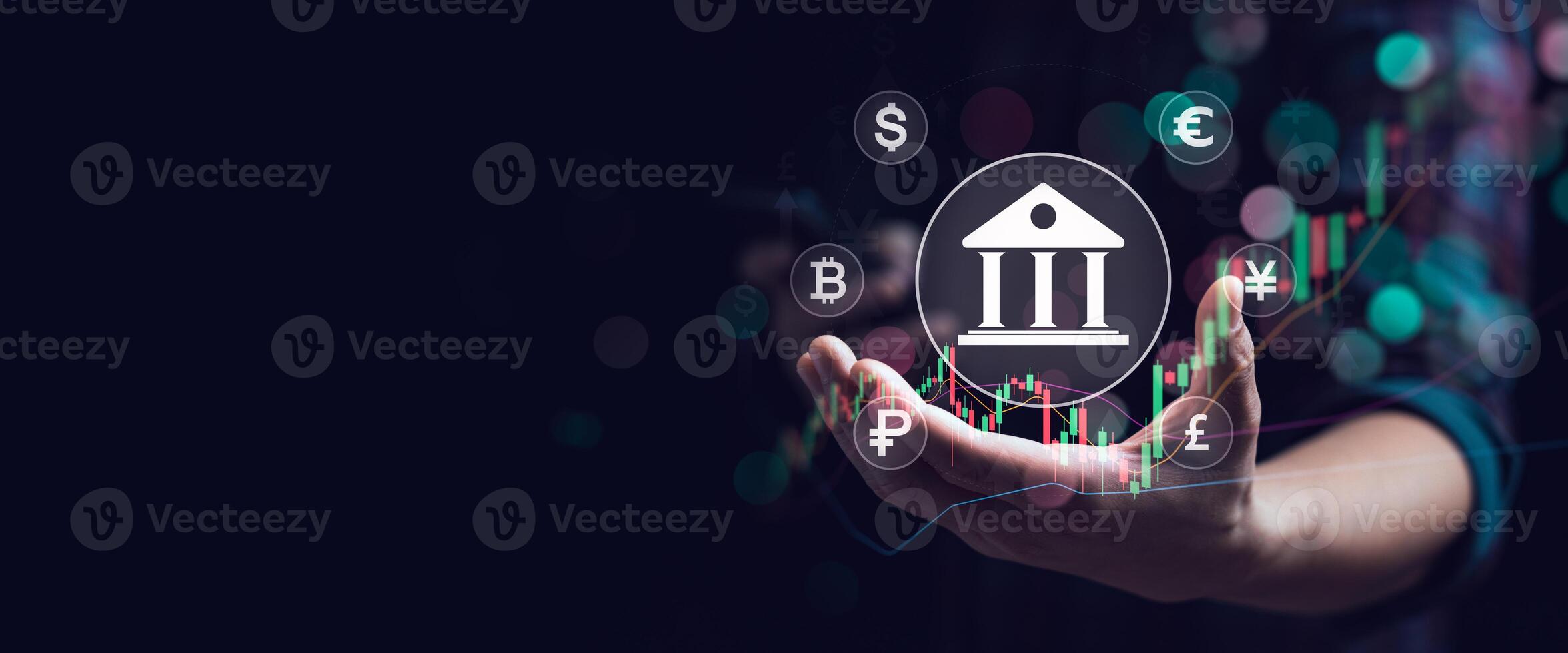 Global Financial Market Concept with Cryptocurrency and Forex Symbols in Hand, Representing Digital Banking, Blockchain Technology, and International Currency Exchange Trends in Modern Economy photo