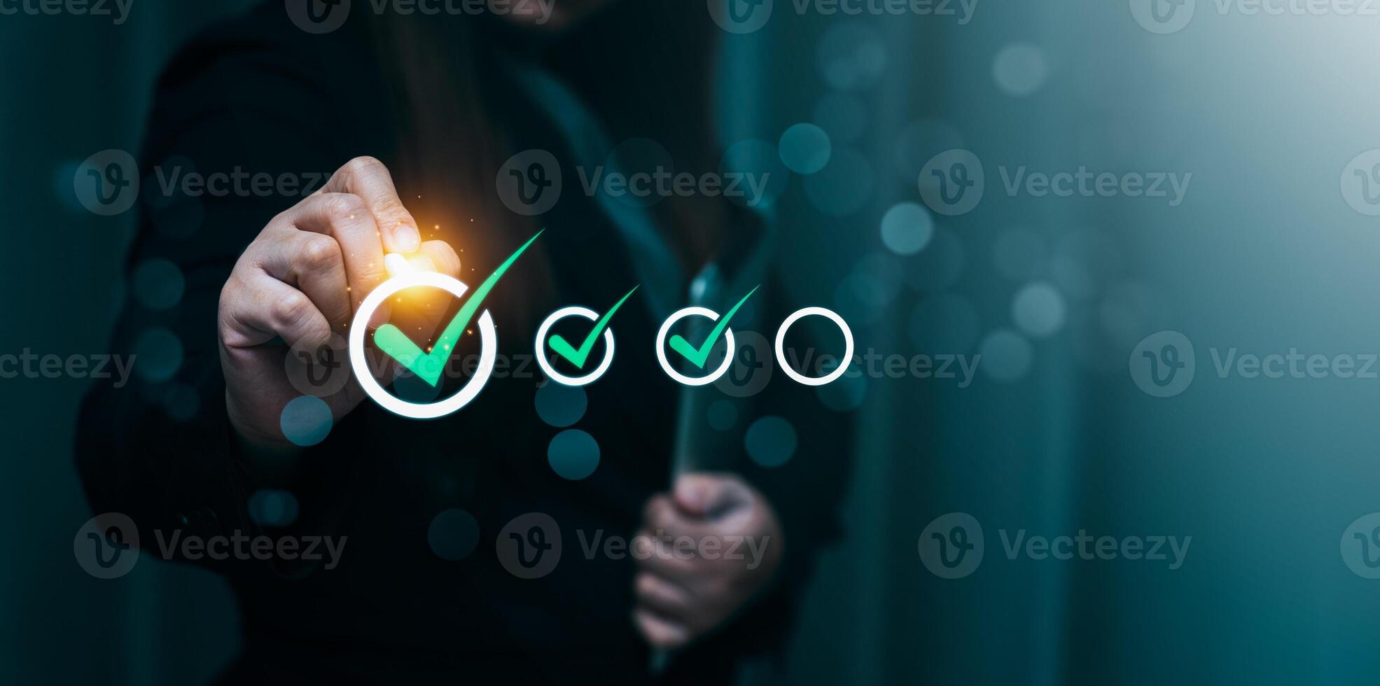 Businessperson Using Digital Checklist to Mark Task Completion and Manage Projects, Demonstrating Progress, Productivity, Strategic Planning in Professional Environment Focused on Goals, Efficiency photo