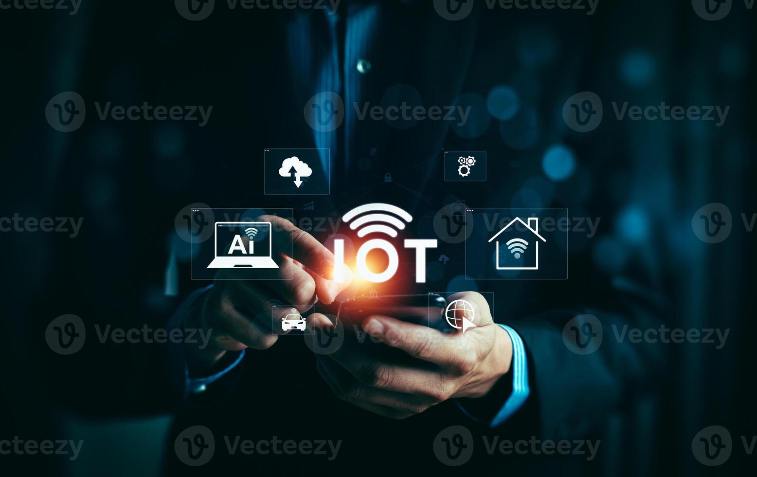 Businessman Using Smartphone to Access Internet of Things IoT with AI, Cloud, Smart Home, and Connected Devices Technology Icons Highlighting Digital Innovation and Connectivity photo