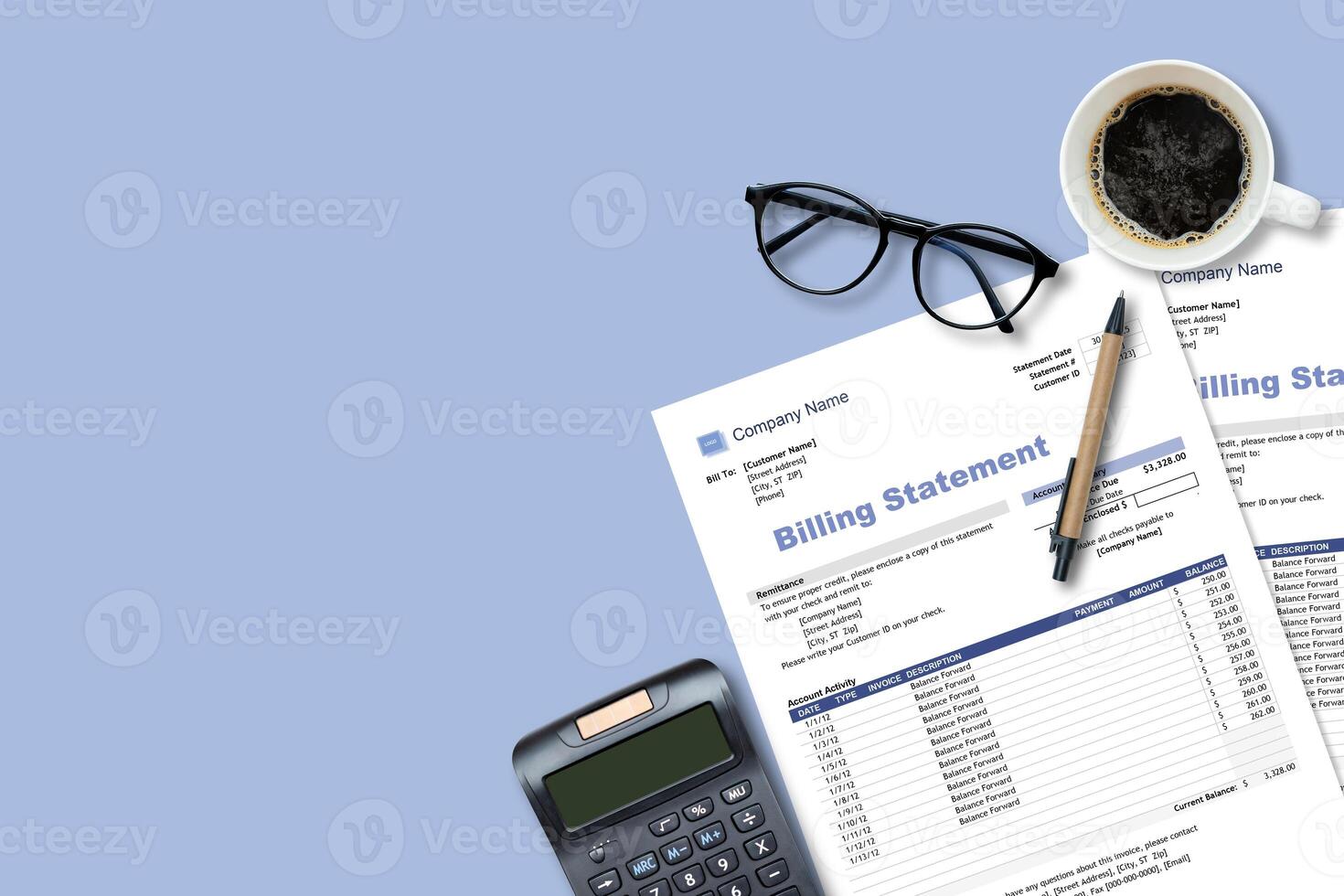 Medical health care billing statement in hospital, top view. Calculator, billing statement for doctor's work photo