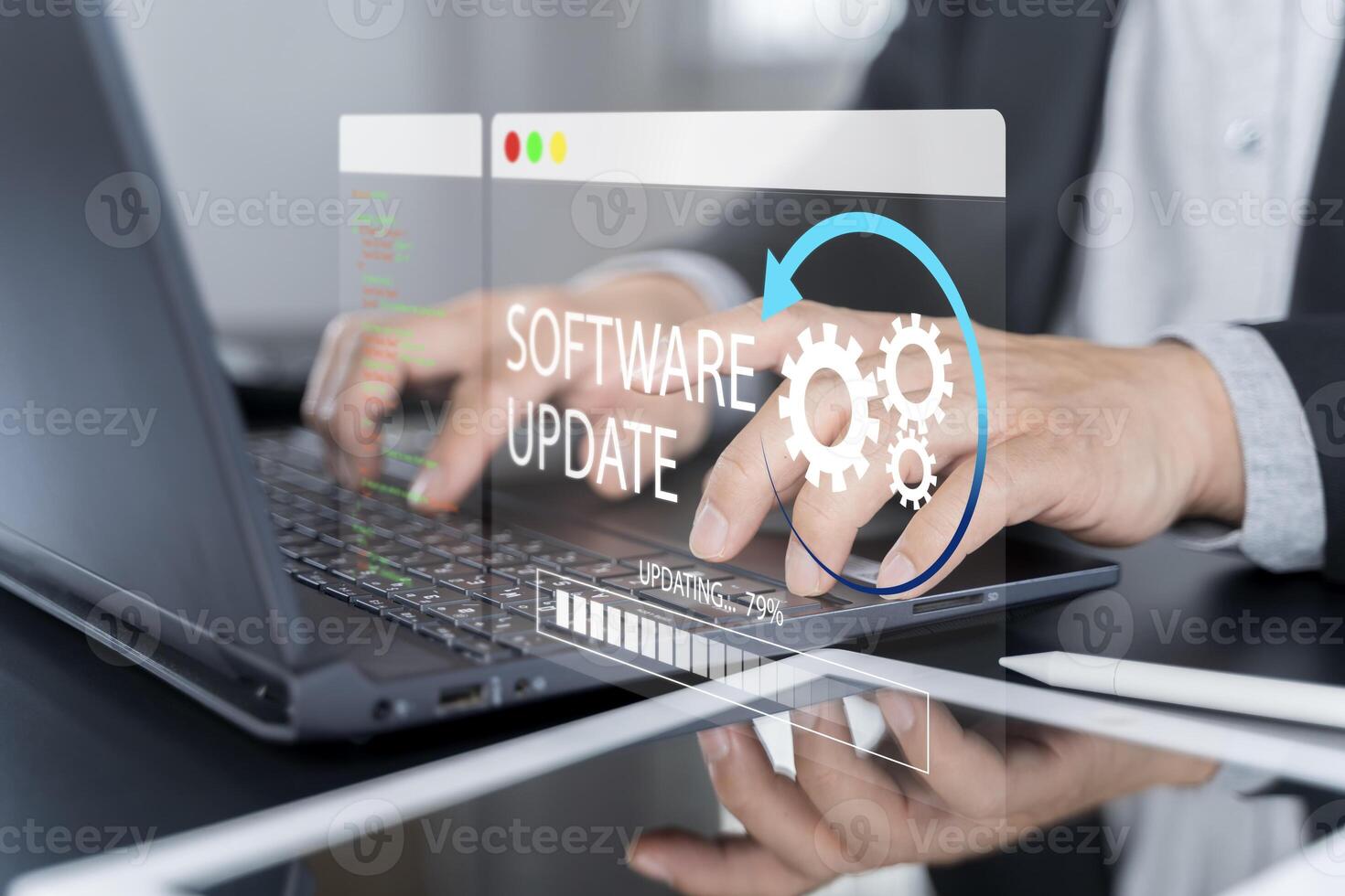 Man working and installing update process. Software updates or operating system upgrades to keep your device up photo