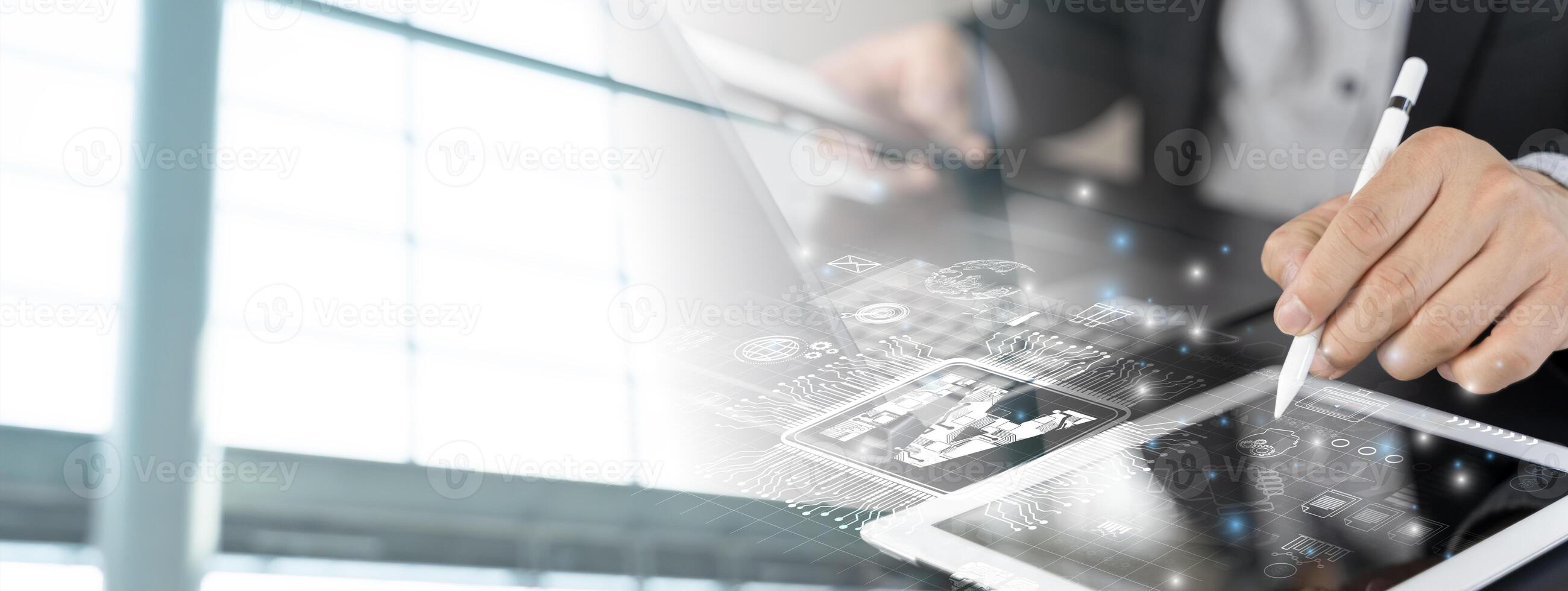 Businessman or freelancer using computer laptop working remote in concept of Ai digital transformation technology photo