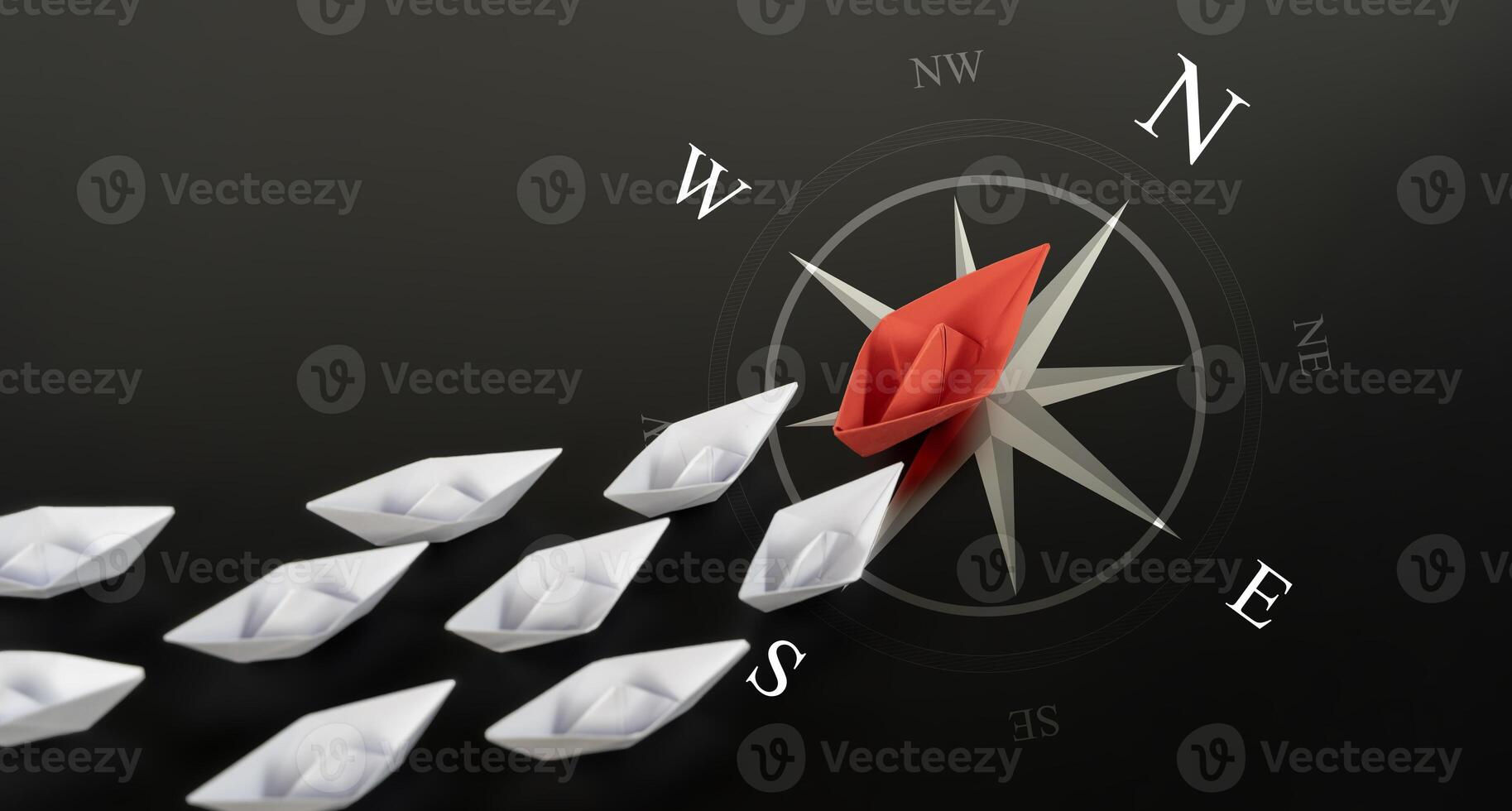 Red Paper Boat On Compass Leading A Fleet Of Small White Boats. Business Leadership Concept. photo