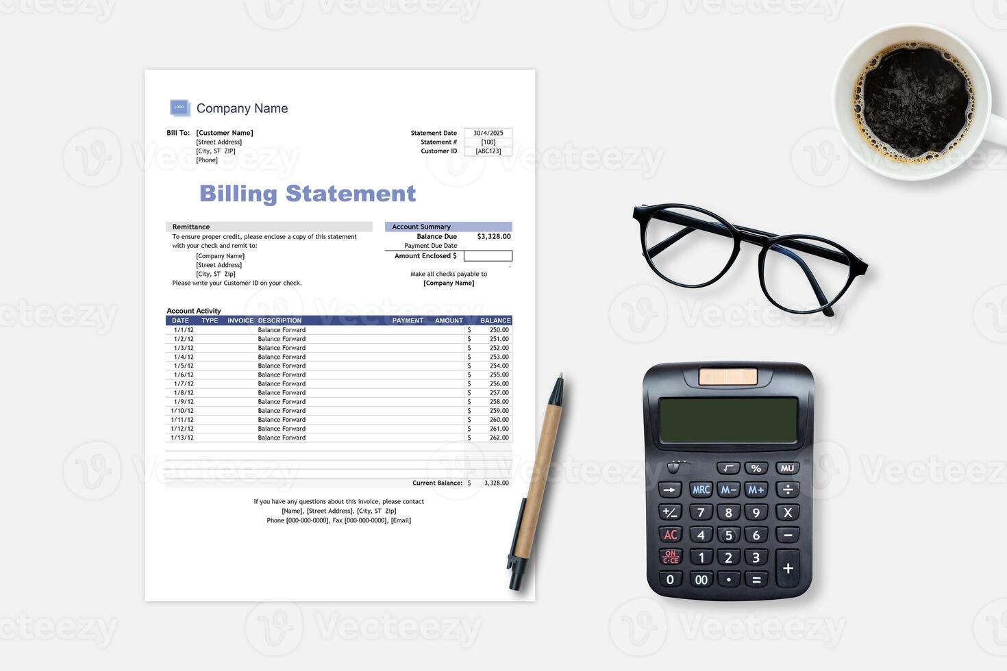 Medical health care billing statement in hospital, top view. Calculator, billing statement photo