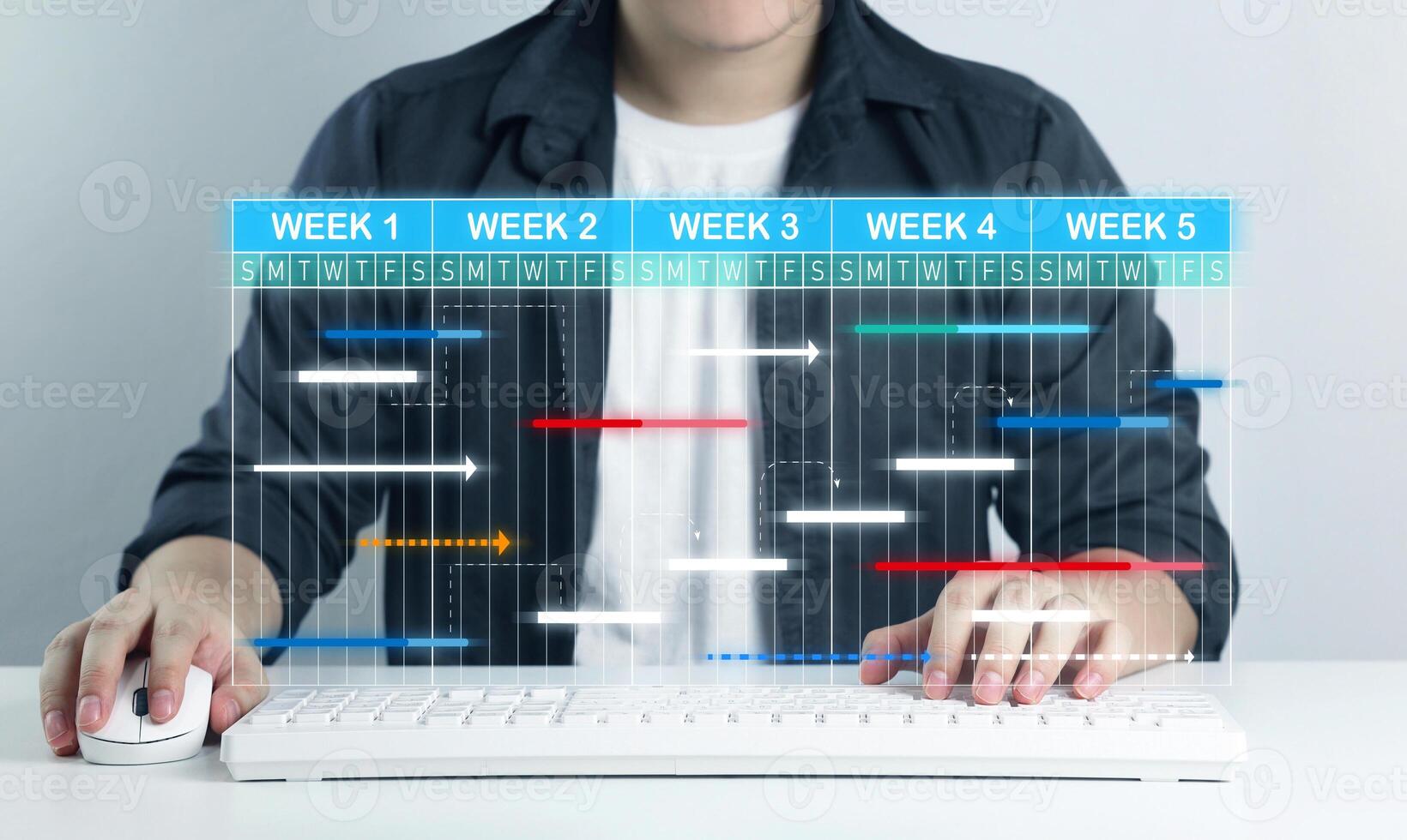 Personnel development plans and preparation of action plans. Businessmen display virtual screens to manage work projects and update work progress with schedule to achieve success efficiently. photo