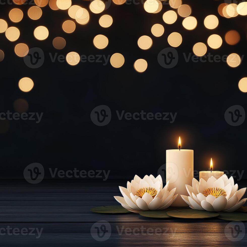 Serene atmosphere with candles and lotus flowers against a bokeh background. photo