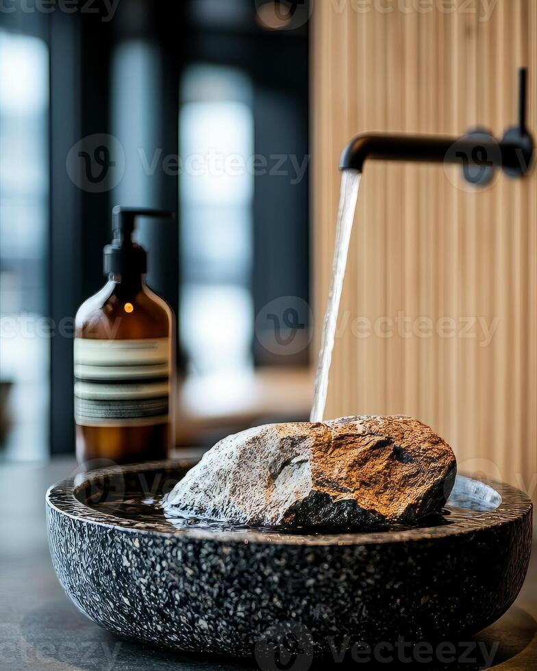 A serene water feature with a stone centerpiece and minimalist design, promoting tranquility. photo