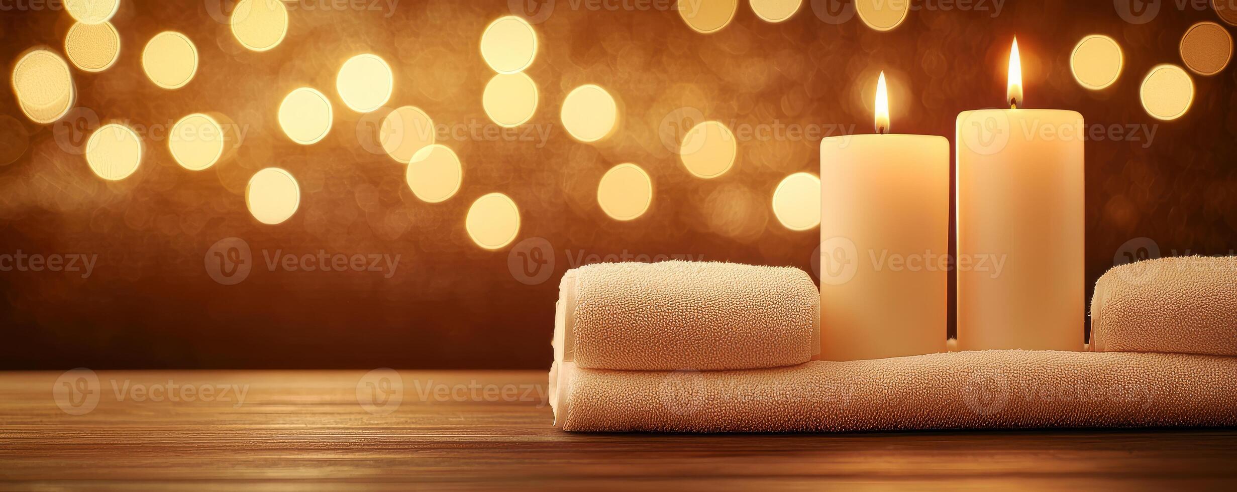 Serene ambiance with soft candles and cozy towels, perfect for relaxation and spa settings. photo