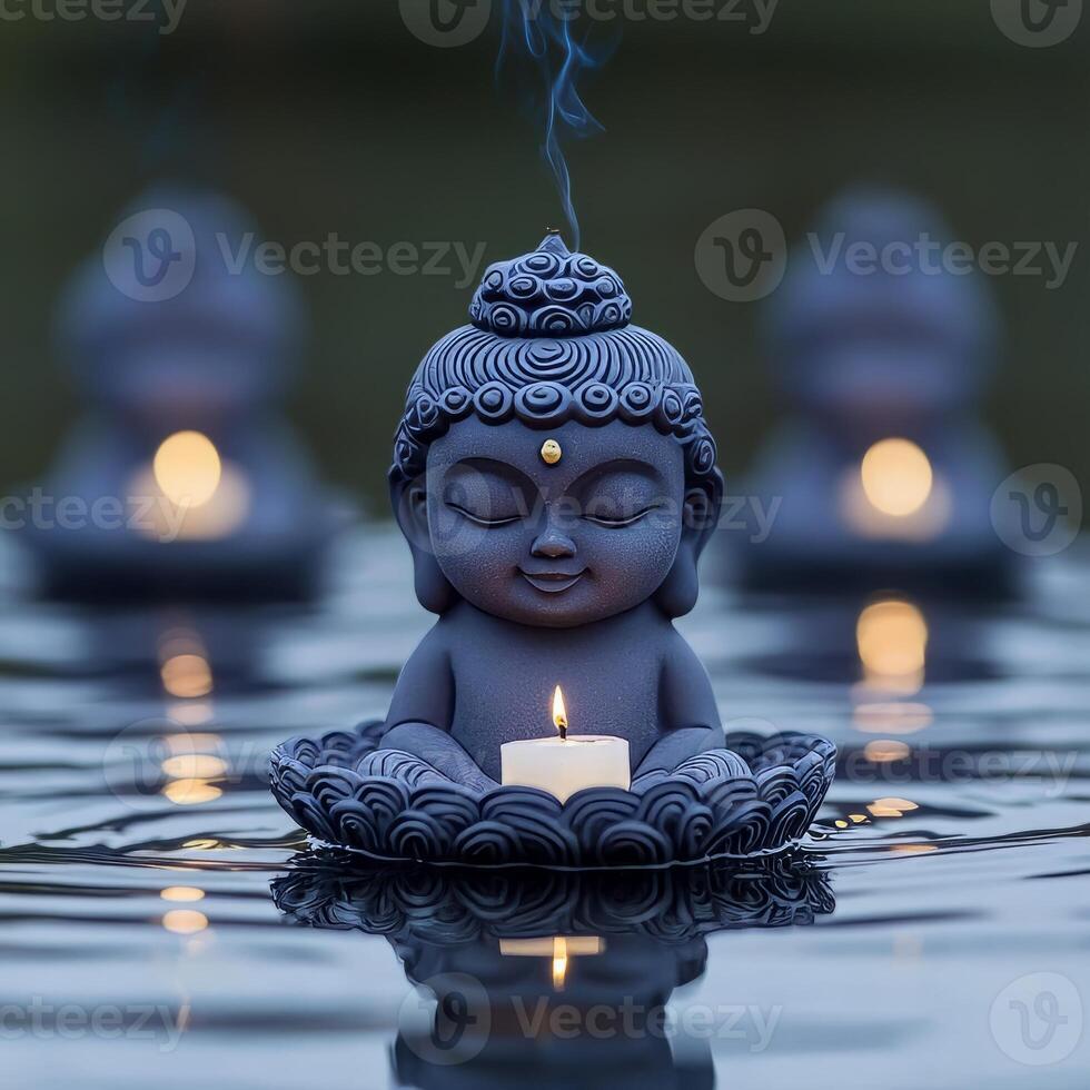 A serene Buddha statue surrounded by candlelight and gentle smoke on still water. photo