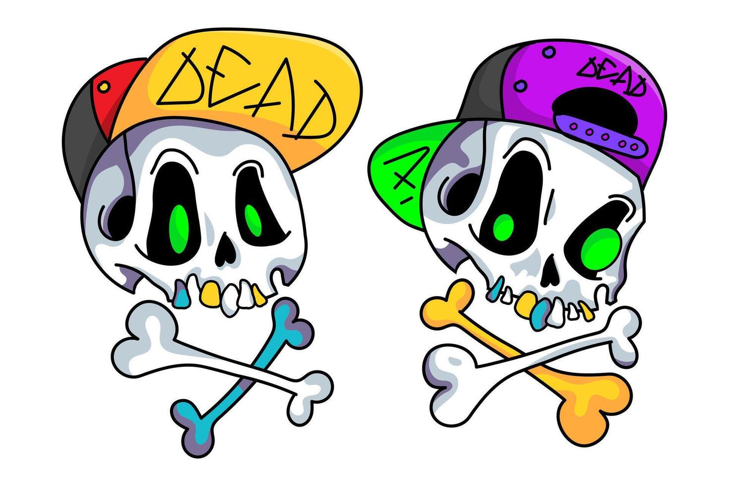 Cute cartoon skull in a cap. Funny skull sticker for Halloween design. Cool hand drawn skull with crossbones. illustration isolated on white background. vector