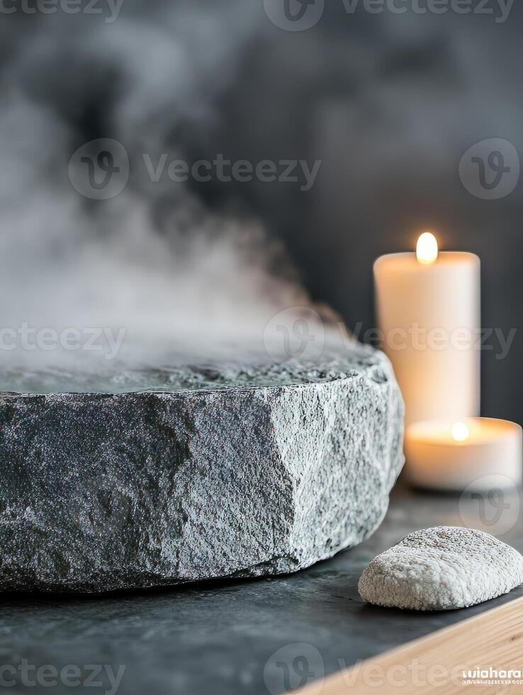 Relaxing stone and candle setup with steam, perfect for wellness and tranquility. photo
