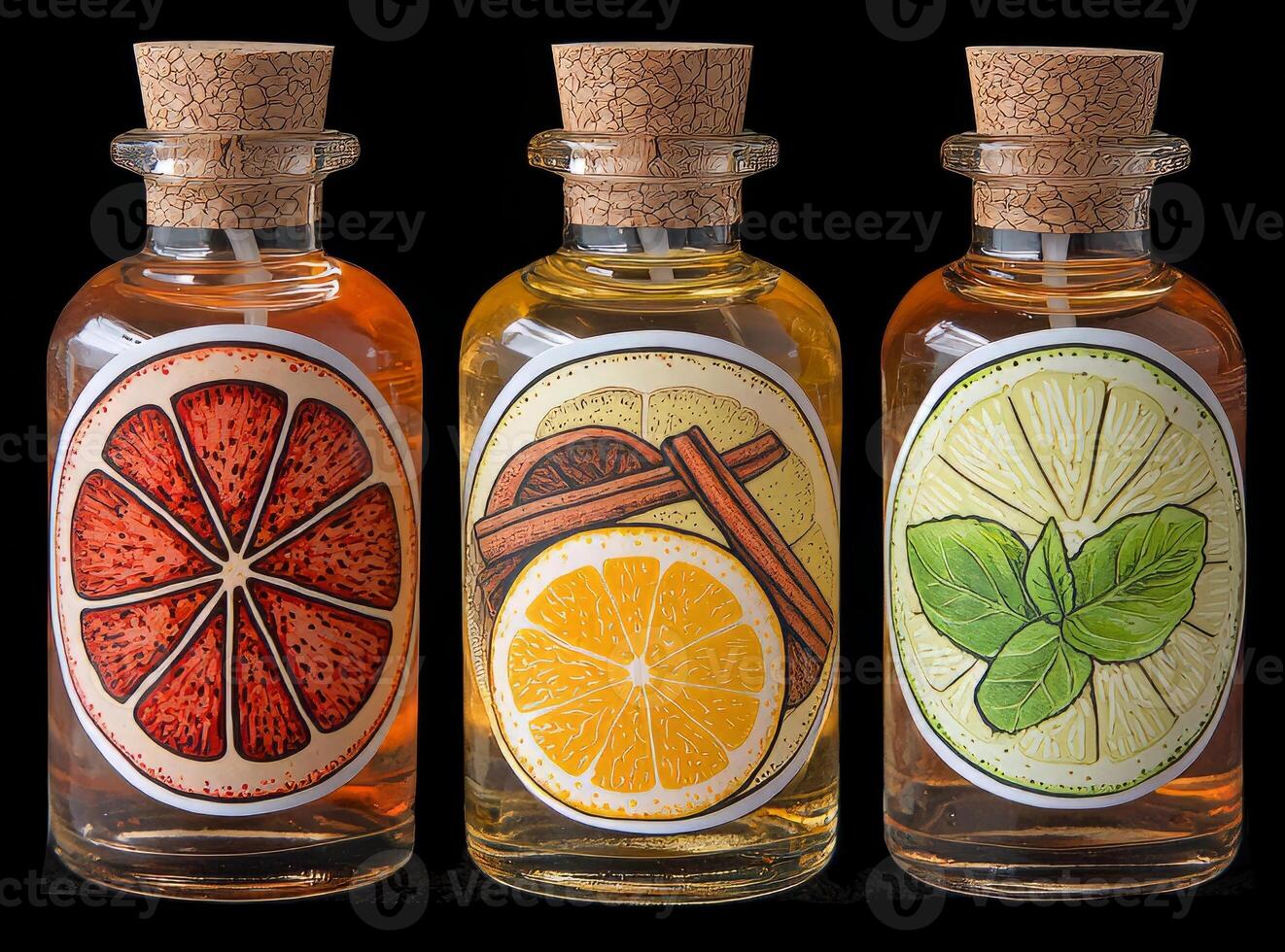 Stylish bottles with colorful labels of citrus and spice infusions. photo