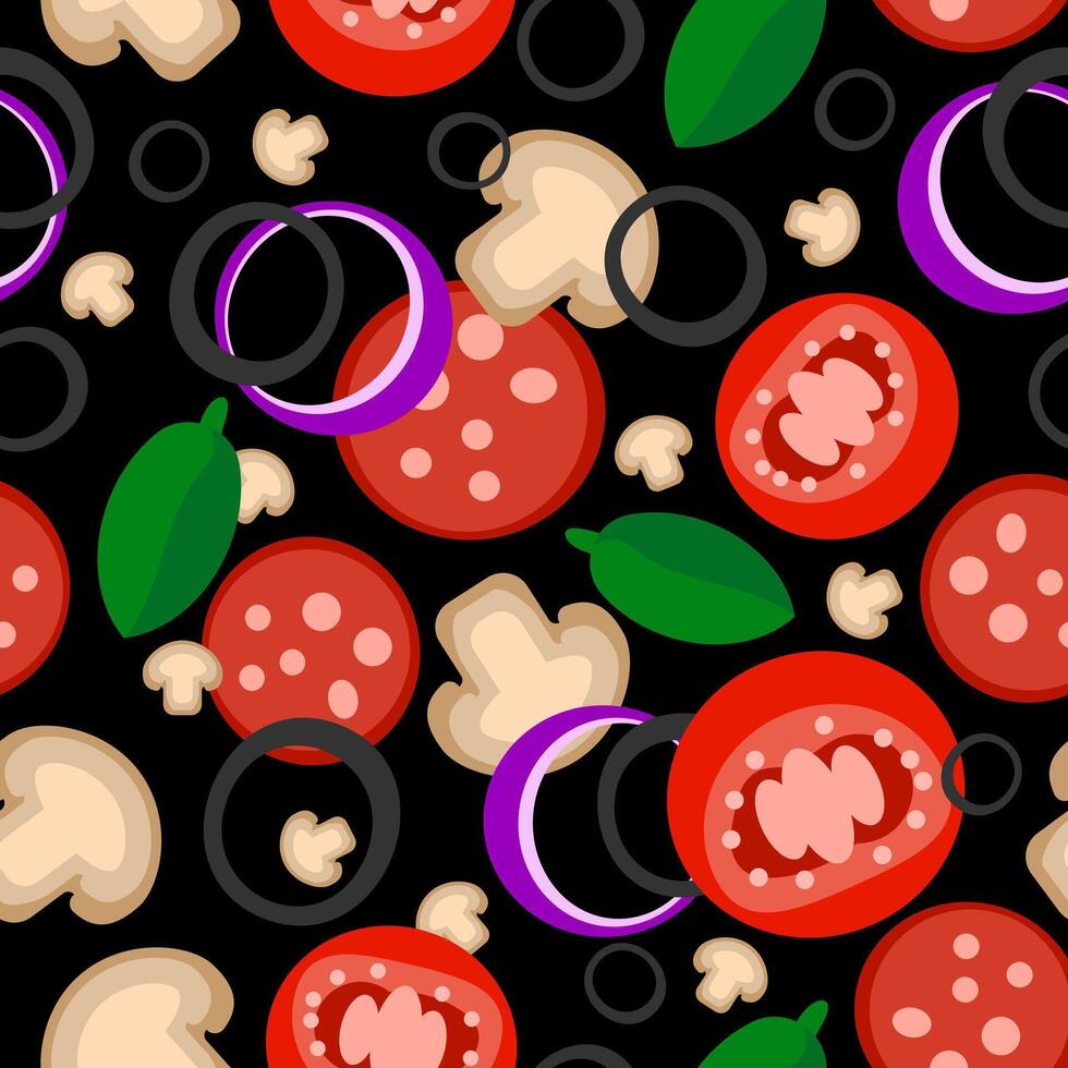 Vegetables backdrop. Vegetables seamless pattern background. Healthy food cover. Tomatoes, mushrooms, onions and lettuce. vector