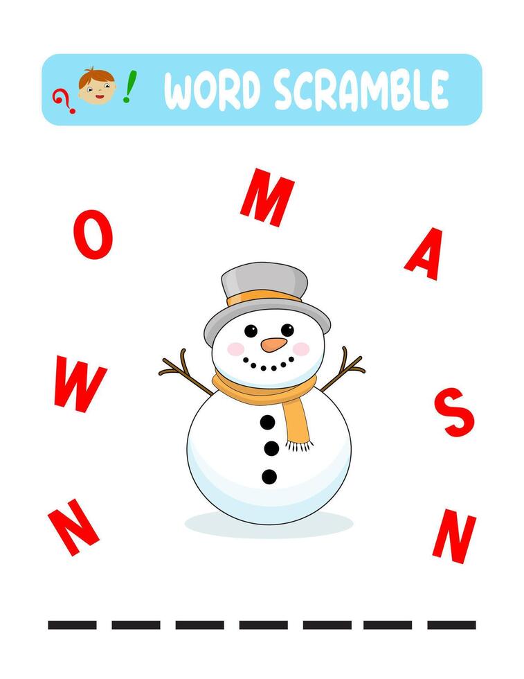 Christmas Spelling Word Scramble Game. An Educational Activity for Kids with the Word Snowman vector