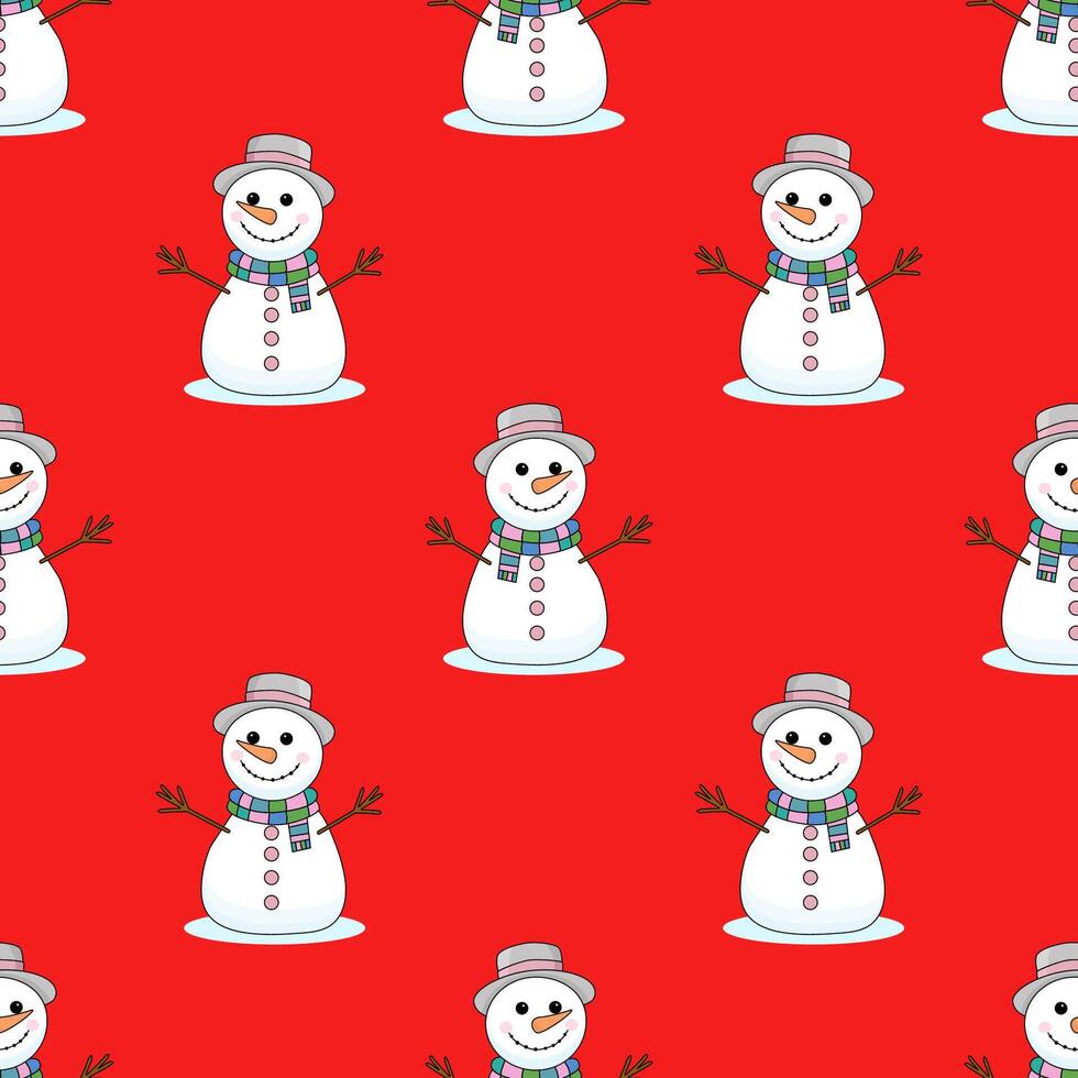 Seamless Christmas pattern with snowmen. Winter pattern for the new year on a red background vector