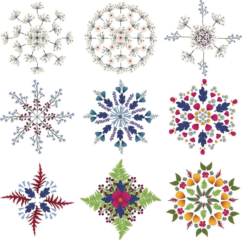 Set of snowflakes with botanical elements vector