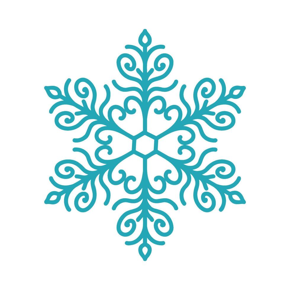 Blue snowflake, detailed hand drawn line illustration. Graphic outline doodle drawing. Christmas and New Year symbol. Unique snowflake silhouette icon for winter frosty designs and decor. vector