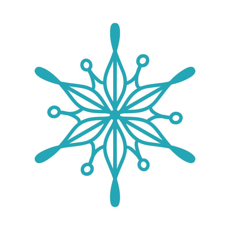 Blue snowflake, detailed hand drawn line illustration. Graphic outline doodle drawing. Christmas and New Year symbol. Unique snowflake silhouette icon for winter designs and decorations. vector