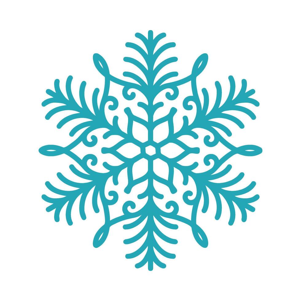 Blue snowflake, detailed hand drawn illustration. Graphic outline doodle drawing. Christmas and New Year symbol. Unique snowflake silhouette icon for frosty winter designs and decoration. vector