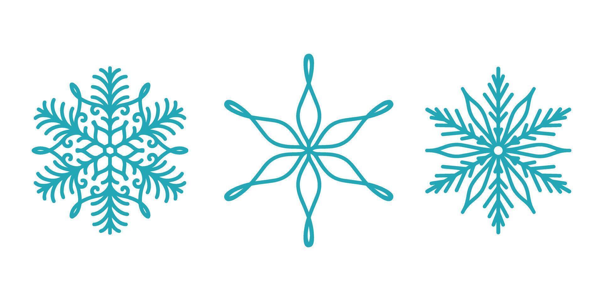Detailed snowflakes set, beautiful hand drawn flat line illustration. Graphic outline drawing. Christmas and New Year symbol. Unique snowflake silhouette icons set for winter designs. vector