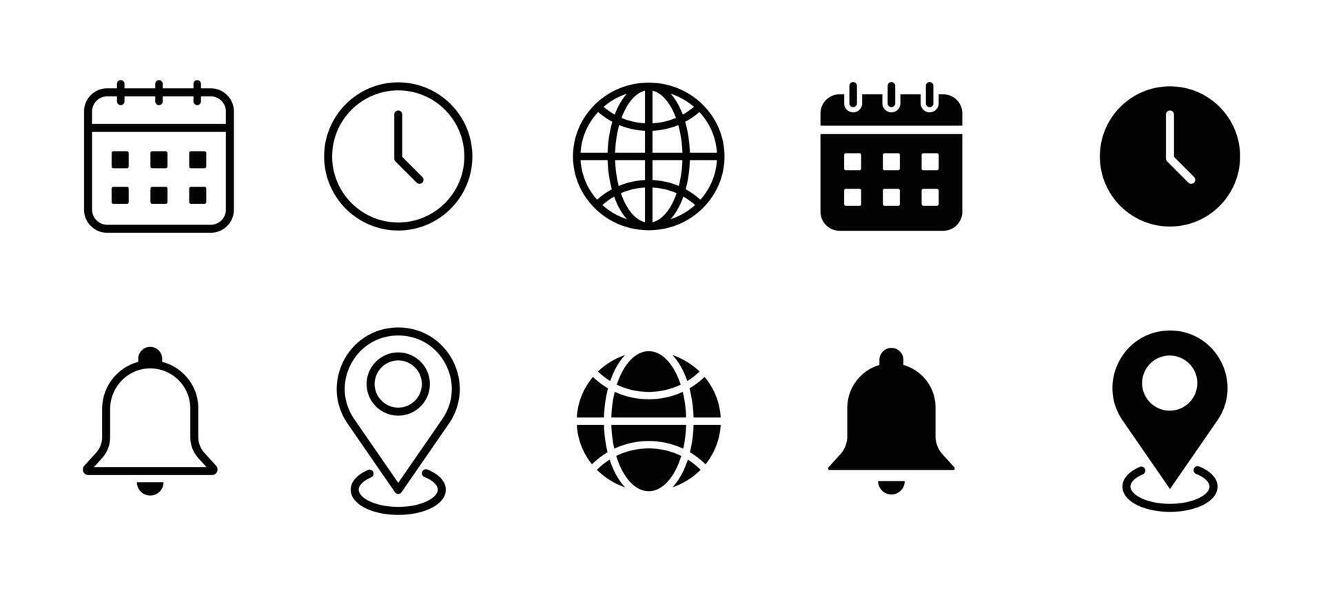 Address location icon. Stopwatch timer icon. Notification bell icon. Date Calendar icon. Website global icon. Web feel and outline icons set. vector