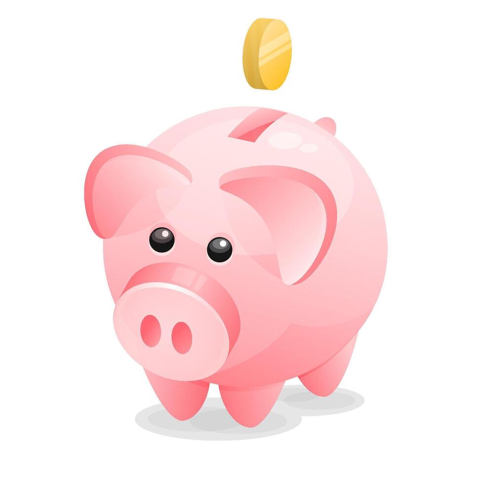 Cute pink piggy bank with coin isolated on white vector