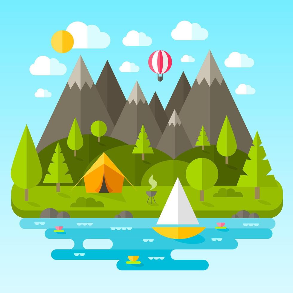 Landscape with mountains, river and green trees vector
